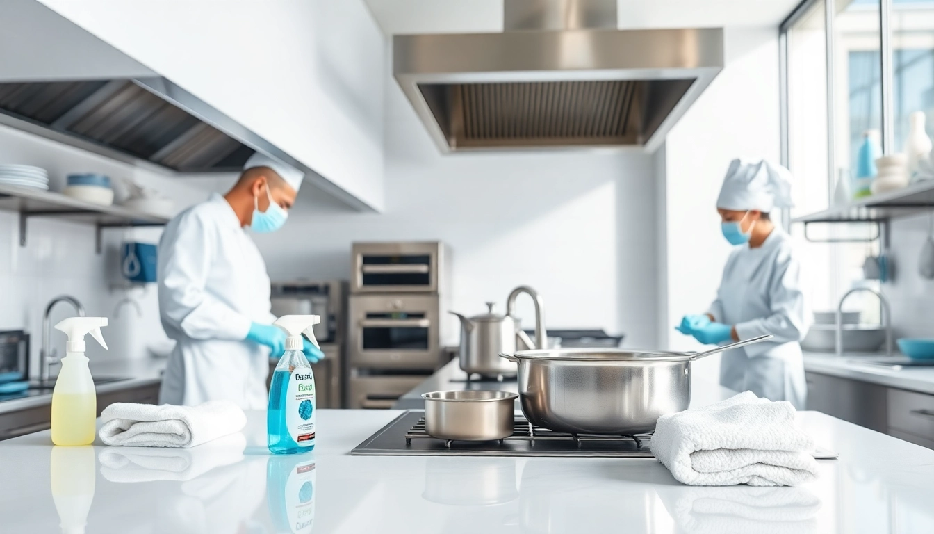 Hygiene stand in the kitchen with chefs cleaning surfaces and equipment.