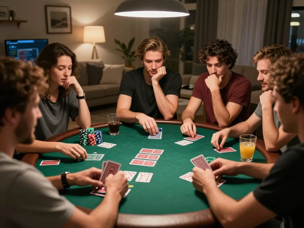 Engaged friends strategizing poker while exploring 789win link for online gaming options.