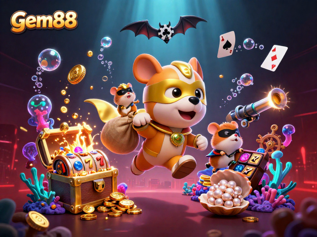 Experience excitement with gem88 as the superhero dog dives through a dazzling casino world.