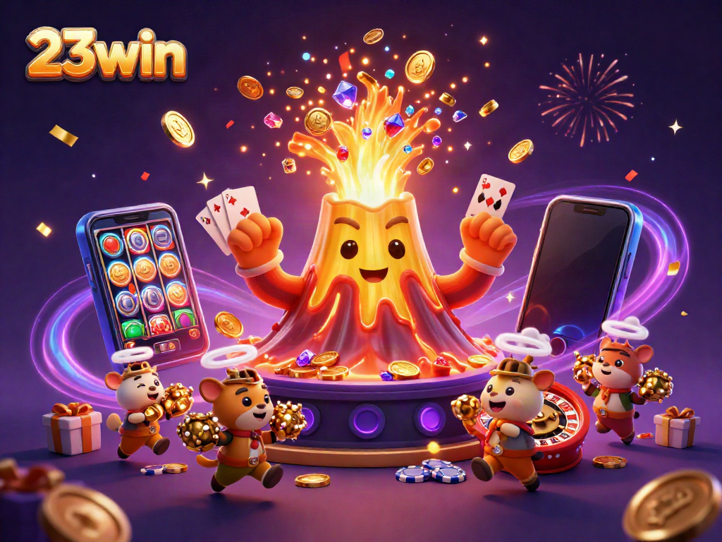 Win big with 23win as a golden volcano erupts treasure in this lively casino scene.