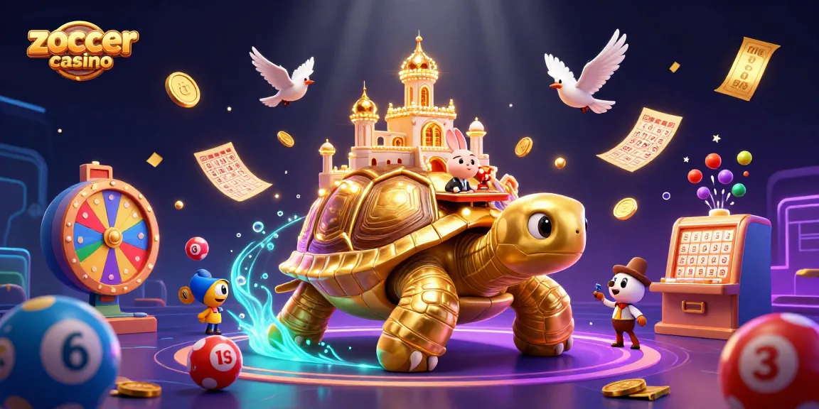 Engage with zoccer casino in this vibrant 3D scene featuring a festive tortoise dealer.