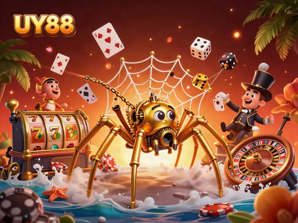 Experience the thrill of UY88 with vibrant gaming elements and a unique casino illustration.