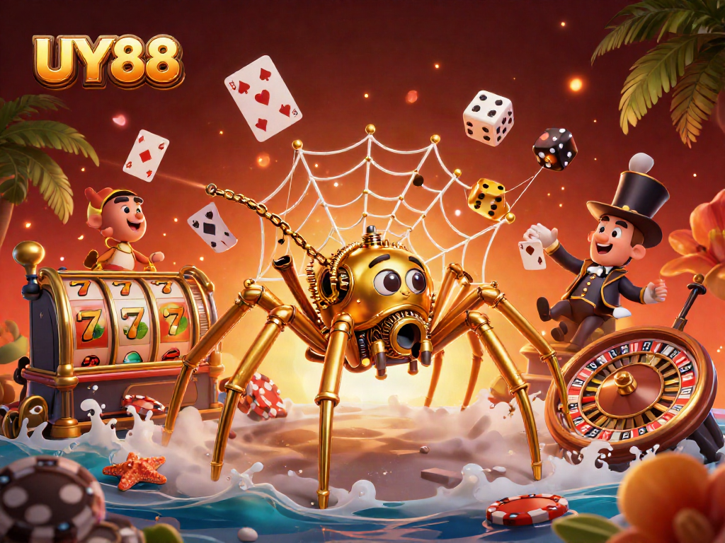 Experience the thrill of UY88 with vibrant gaming elements and a unique casino illustration.