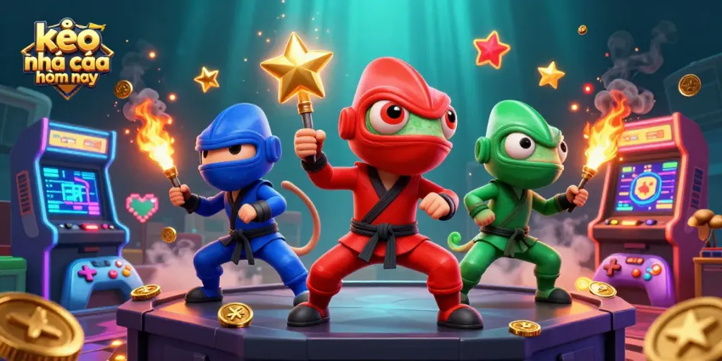 Experience thrilling action with kèo nhà cái hôm nay in a high-energy 3D illustration showcasing ninja chameleons in vibrant colors.