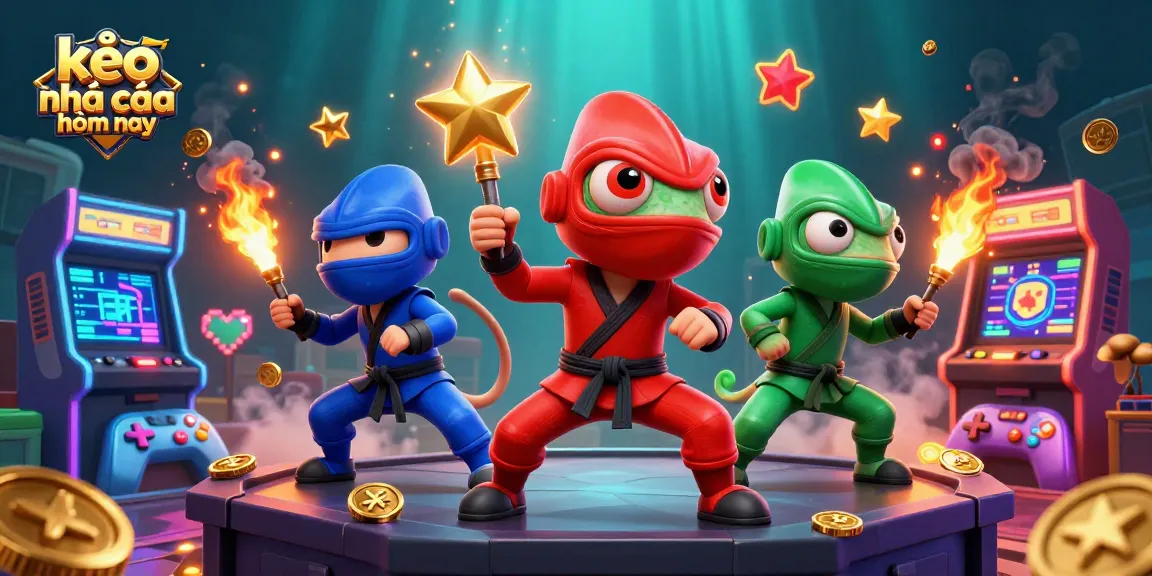 Experience thrilling action with kèo nhà cái hôm nay in a high-energy 3D illustration showcasing ninja chameleons in vibrant colors.