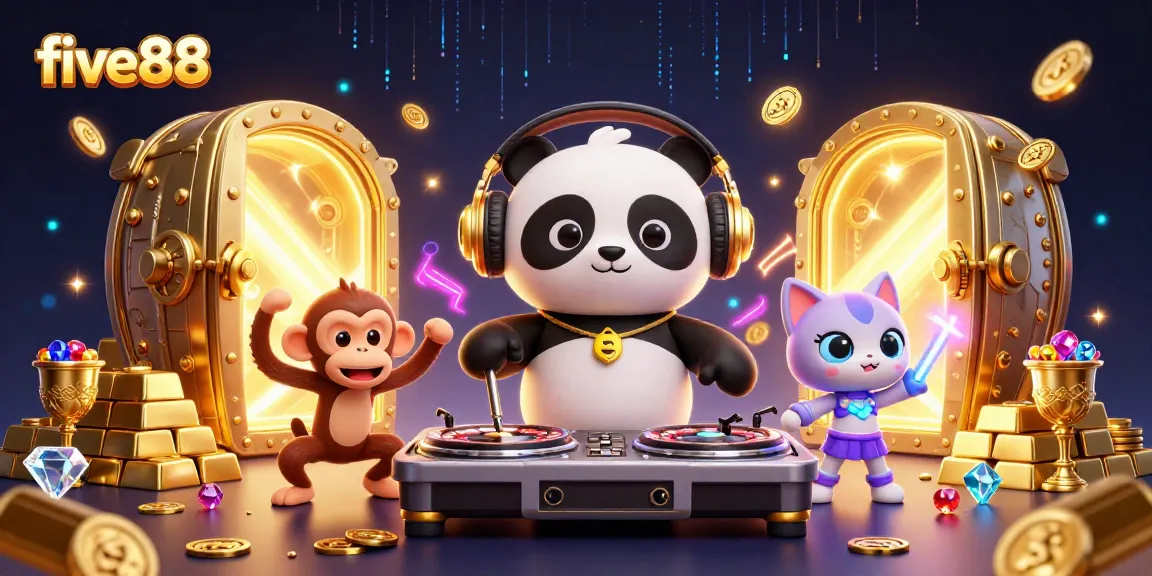 Engage with the vibrant five88 illustration showcasing a DJ panda, breakdancing monkey, and glow-stick kitten in a lively casino scene.