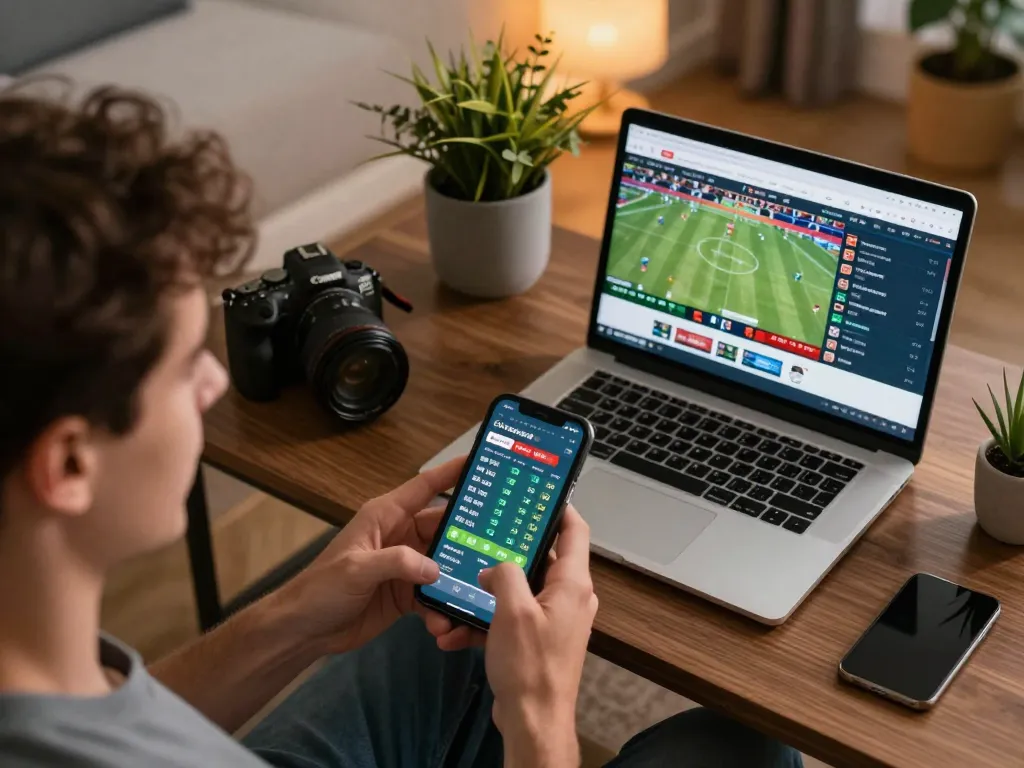 Player engaging in online sports betting at alo8net using smartphone and laptop, showcasing dynamic odds