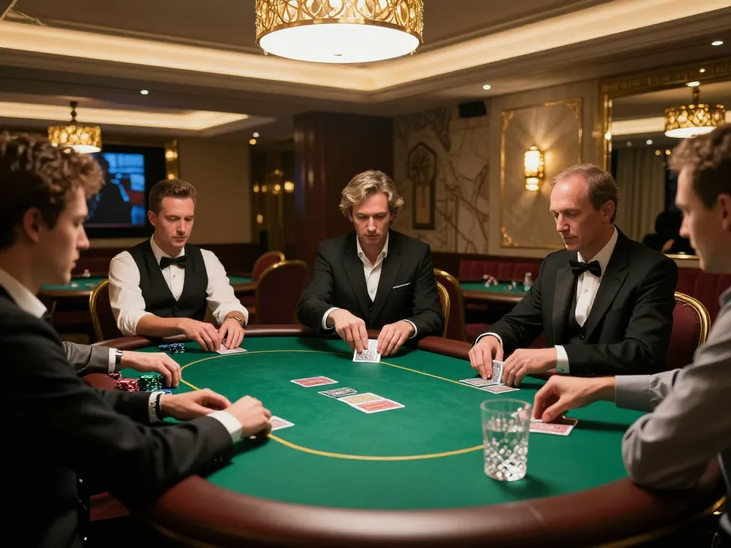 Players strategizing at an upscale MMOO poker game in a luxurious setting