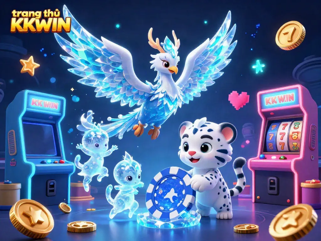 Experience the vibrant world of trang chủ KKWIN with a dazzling illustration of a playful ice phoenix and snow leopard in a rich casino setting.