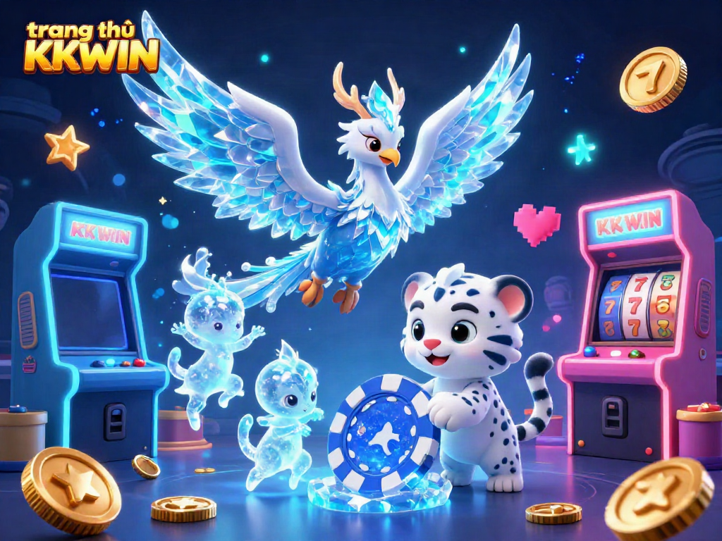 Experience the vibrant world of trang chủ KKWIN with a dazzling illustration of a playful ice phoenix and snow leopard in a rich casino setting.