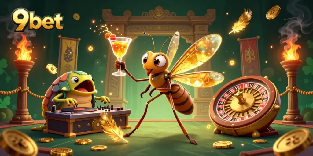 Experience the excitement of 9bet with this vibrant scene featuring a casino mascot and DJ.