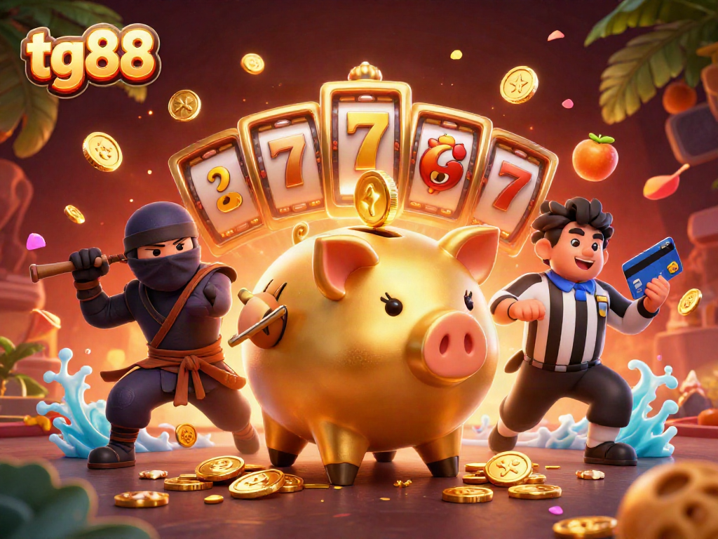 Experience thrilling jackpots and winning moments with tg88's sumo wrestler piggy bank in a vibrant casino scene.