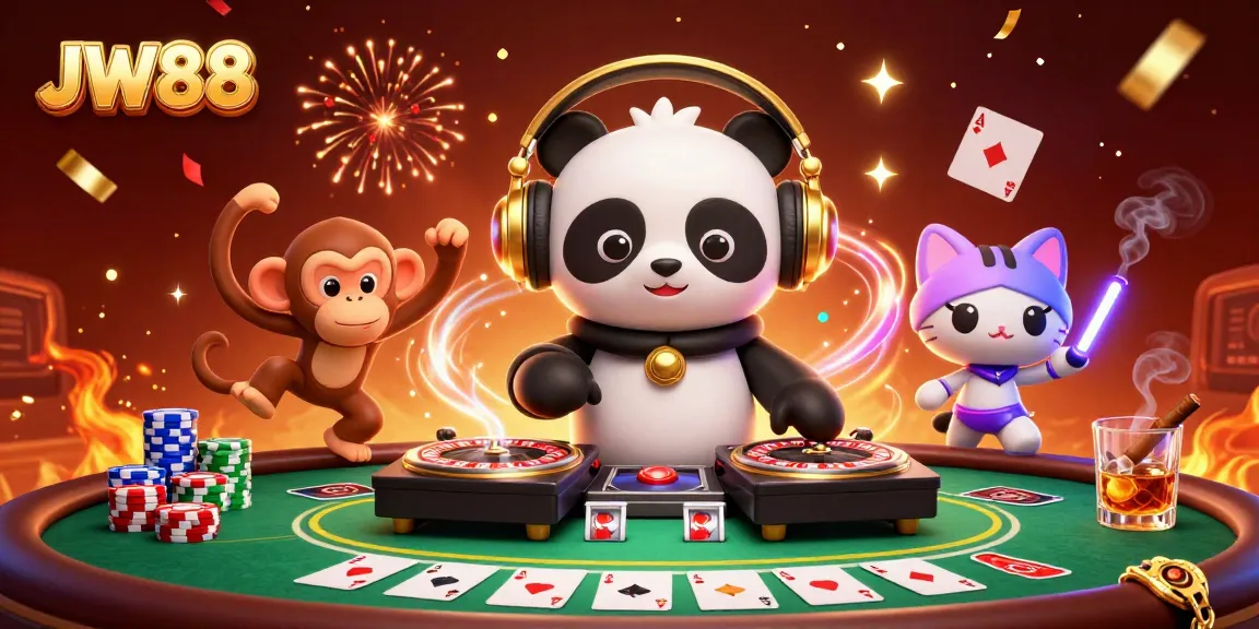 Experience excitement at JW88 with a DJ panda, gaming elements, and vibrant colors.