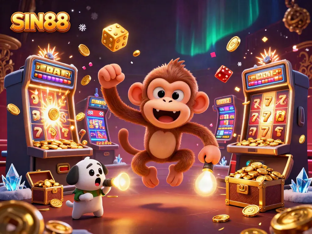 SIN88 casino showcases a captivating scene with a playful monkey and ghost-hunter puppy amidst vibrant slot machines and golden treasures.