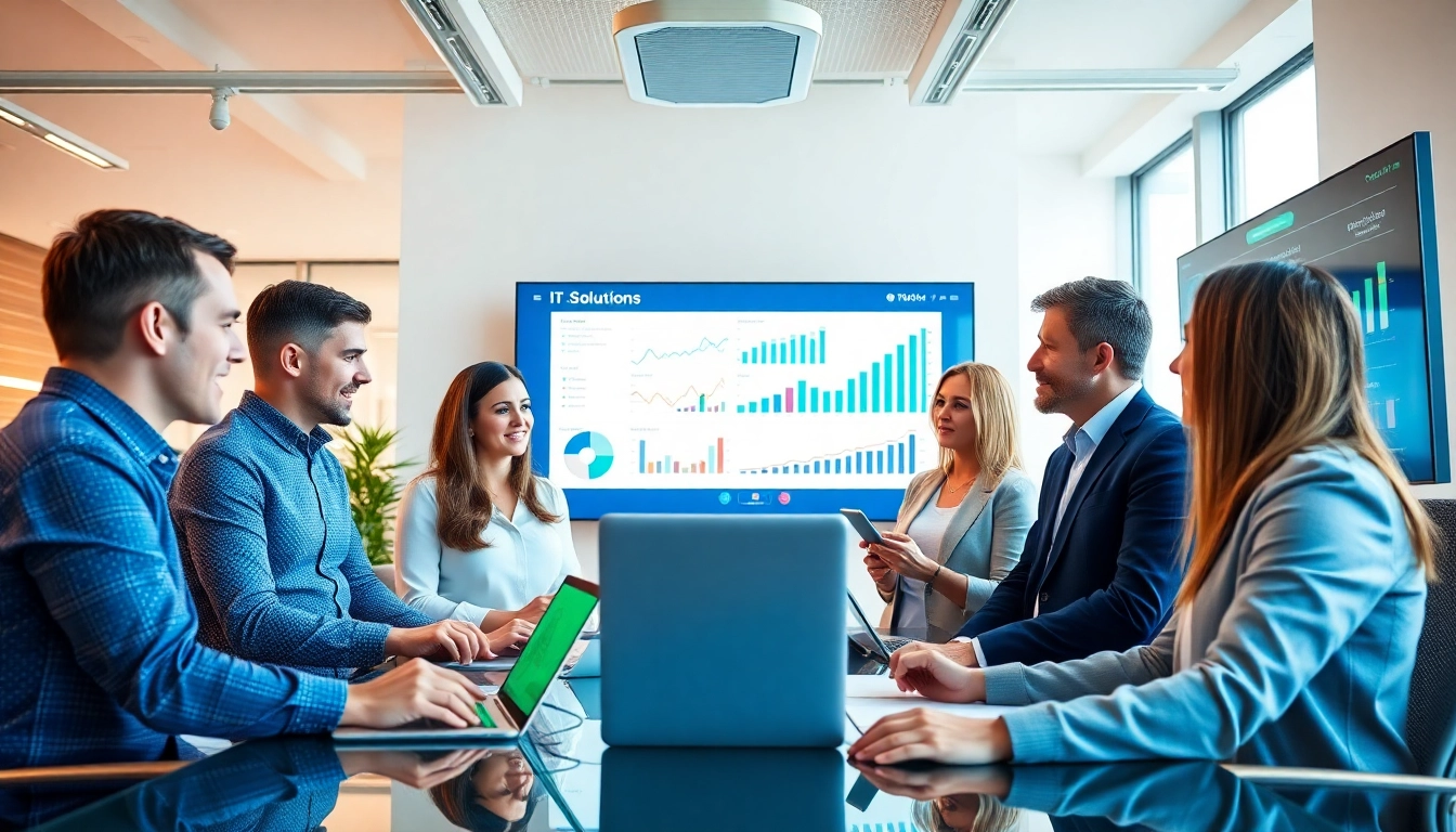IT Solutions Magdeburg Teamwork in modern office discussing strategic IT solutions.