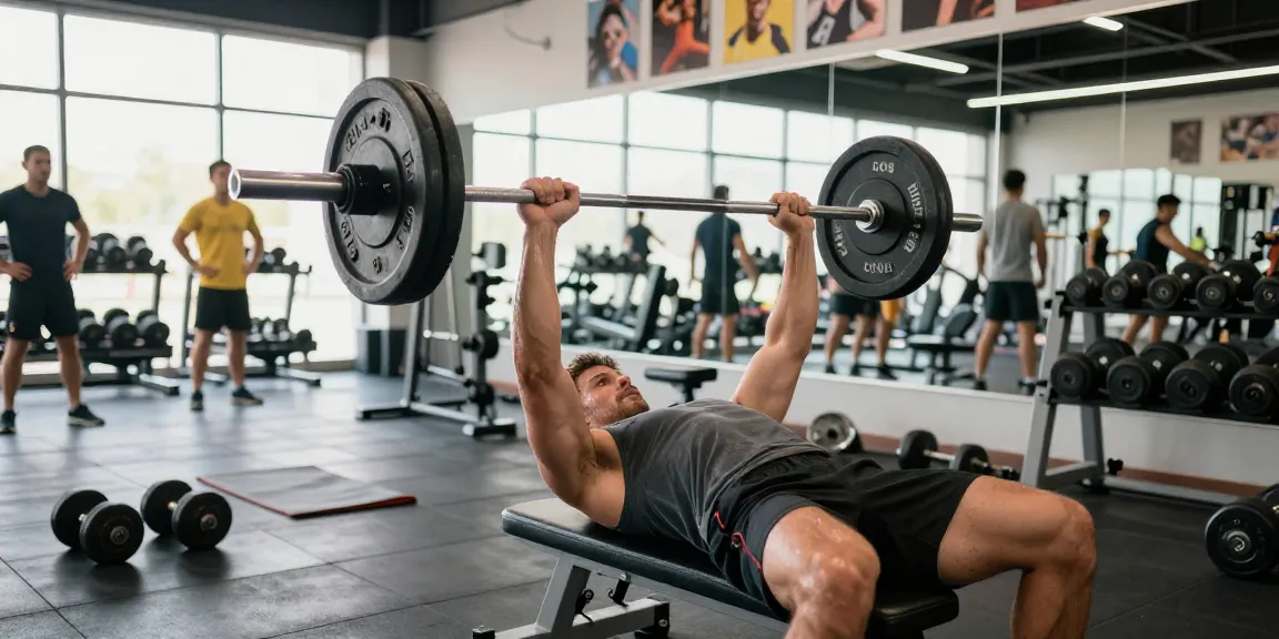 Fitness-Enthusiast hebt Gewichte im Steroidshop-Fitnessstudio und zeigt Stärke und Entschlossenheit in einem lebhaften modernen Umfeld.