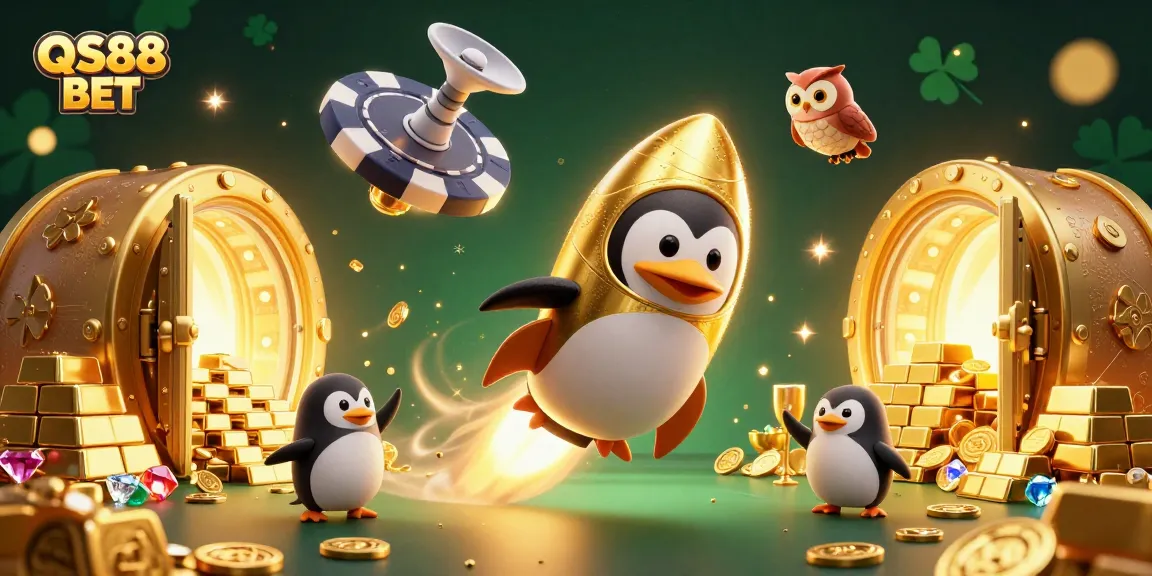 Engage in thrilling gameplay with QS88 BET as a golden penguin navigates towards vast riches.