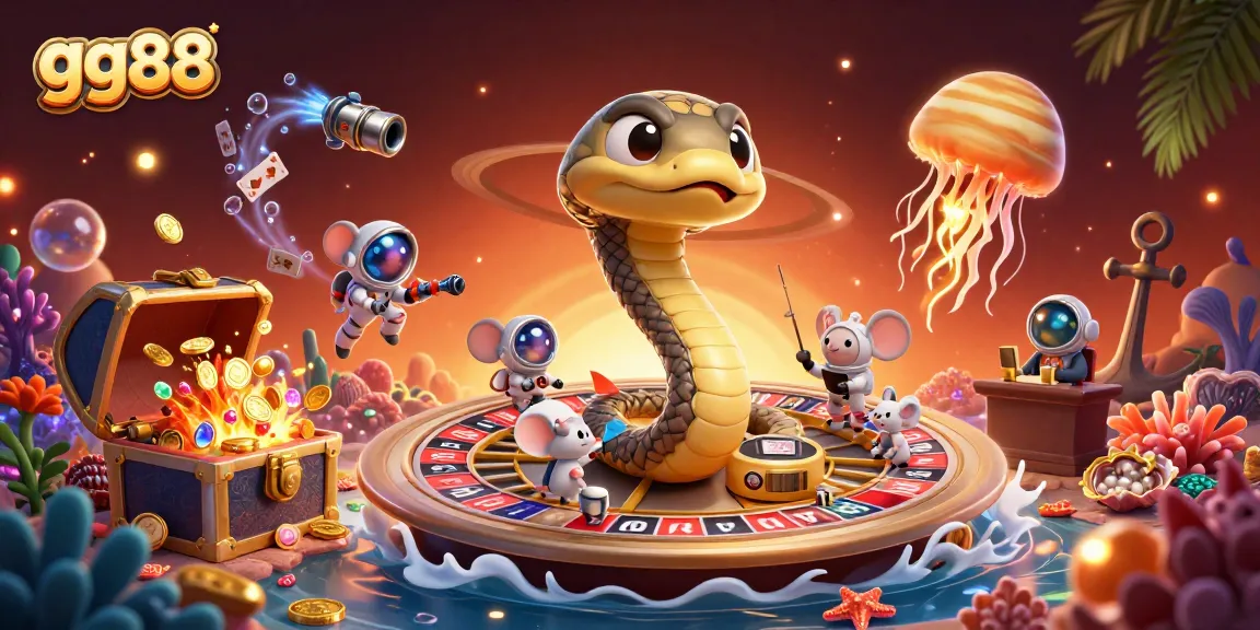 Bet on games with gg88 while cosmic characters interact with a vibrant casino scene.