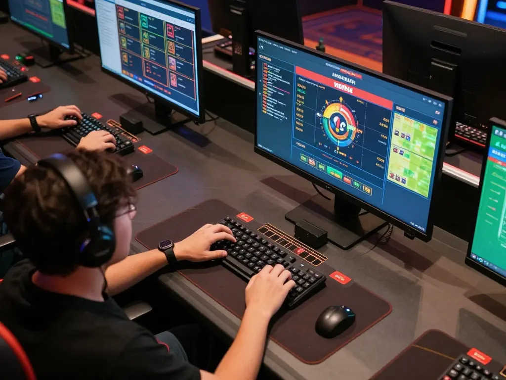 Engaging online betting scene featuring mk8th with multiple screens showing esports and casino games