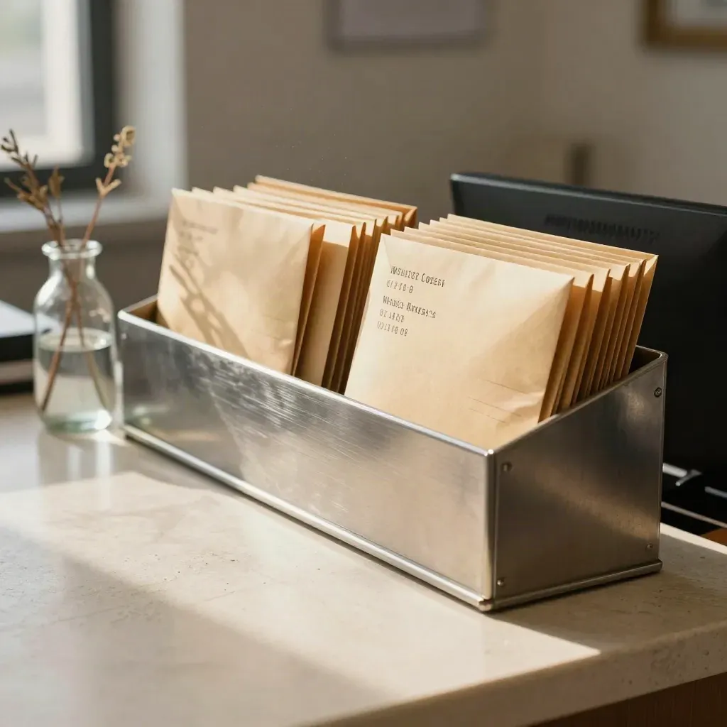Brushed-metal-Briefrail mit versiegelten Umschlägen und petrolfarbener Vase auf Steintheke im warmen Licht.