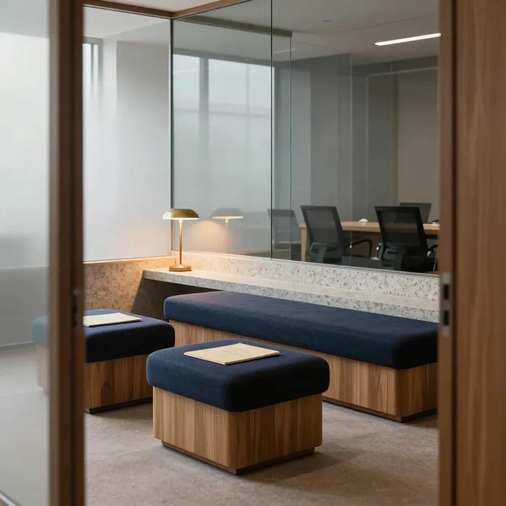 Partnerlounge mit drei Sitzmodulen, leuchtender Lampe und zwei versiegelten Mappen im Glasraum
