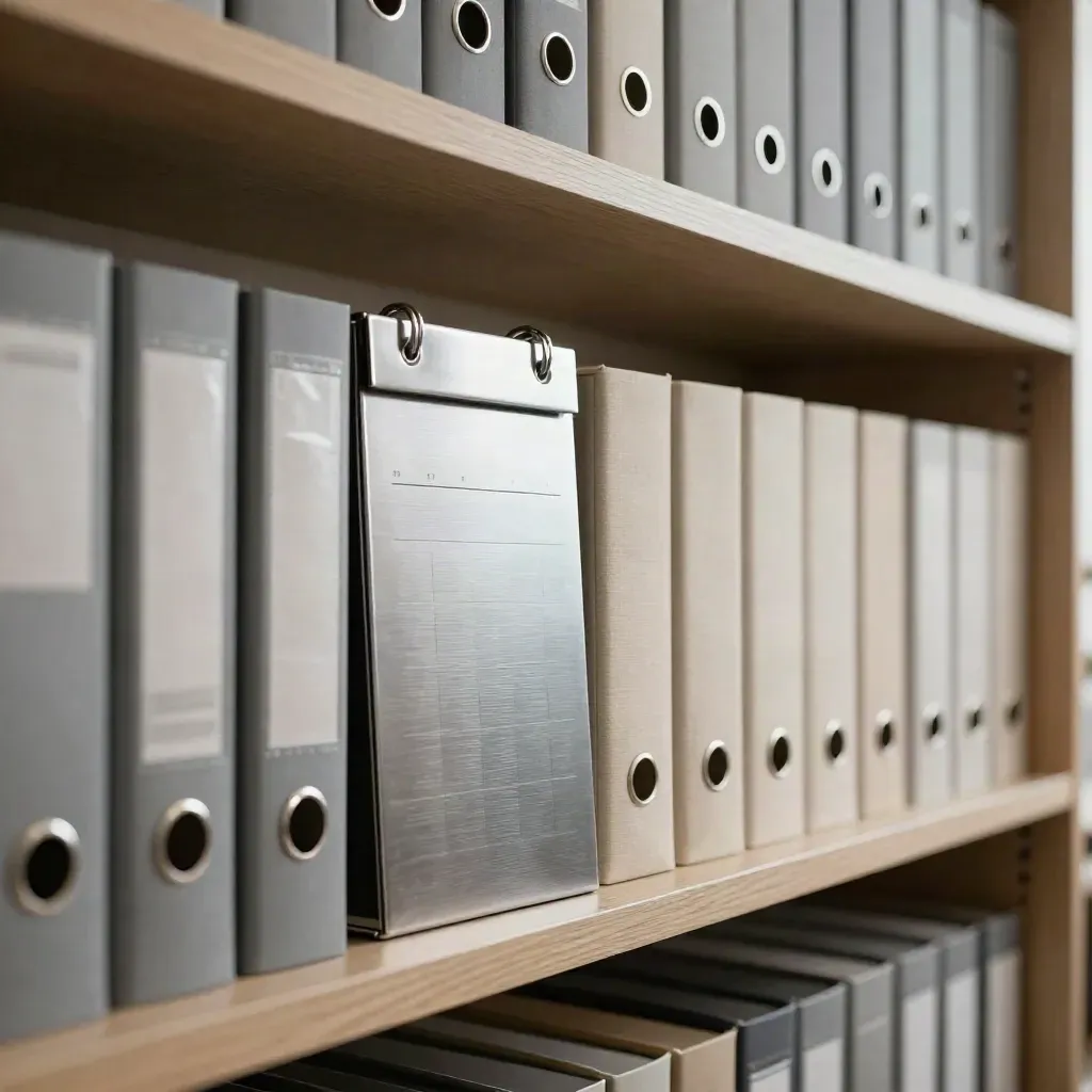Regal mit Aktenboxen, Kalenderblock und geordneten Ordnern in modernem Bürolicht