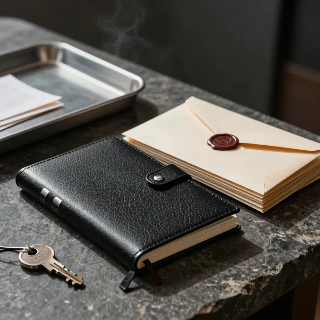 Schwarzes Adressbuch mit Silberregister und versiegelten Umschlägen auf dunklem Stein.