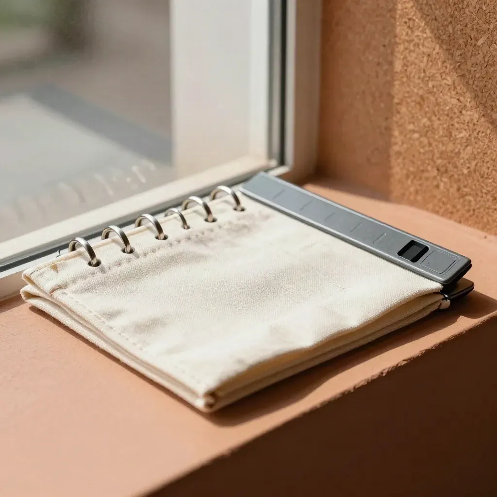Koordinations-Kit mit Metallringen, Canvas-Tasche und Task-Schiene auf Terrakotta-Leiste.