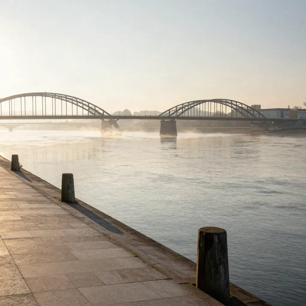 Dunstiger Rhein bei Düsseldorf und Köln mit Brücken im Morgenlicht
