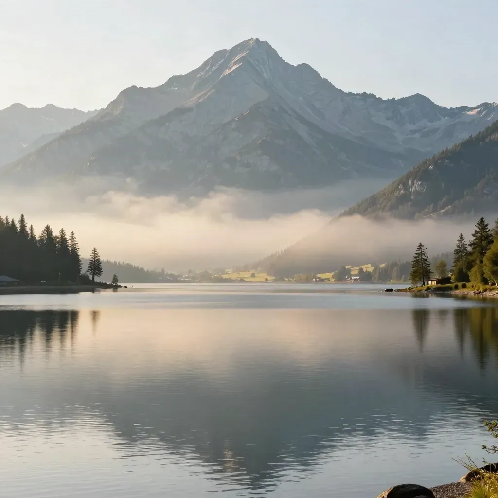 Alpenhorizont über ruhigem See im goldenen Dunst