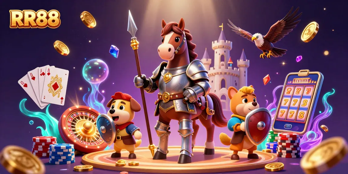 Feel the thrill of RR88 as the knight and puppy celebrate with golden coins and poker chips!