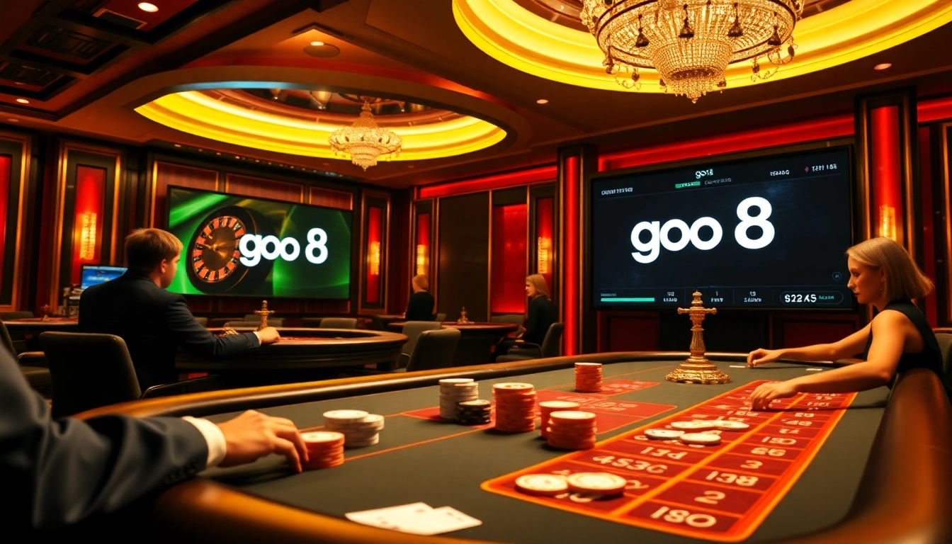 Players enjoying a thrilling game on the go8 online gambling interface, featuring a vibrant casino atmosphere.
