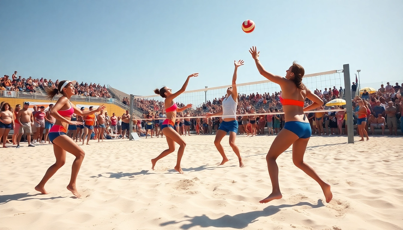 Bei einem Beach Volleyball Camp zeigen Spieler ihre Spielfertigkeiten und Teamarbeit.