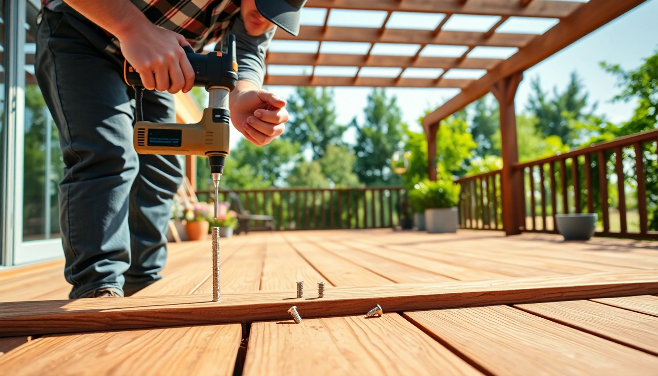 Montage von terrassenschrauben in Holzterrasse, professionelles Handwerk in Aktion.