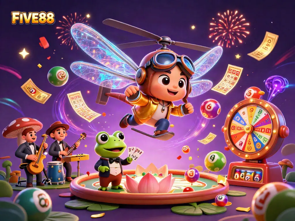 Experience the thrilling atmosphere of FIVE88 with a vibrant casino scene featuring lively characters and games.