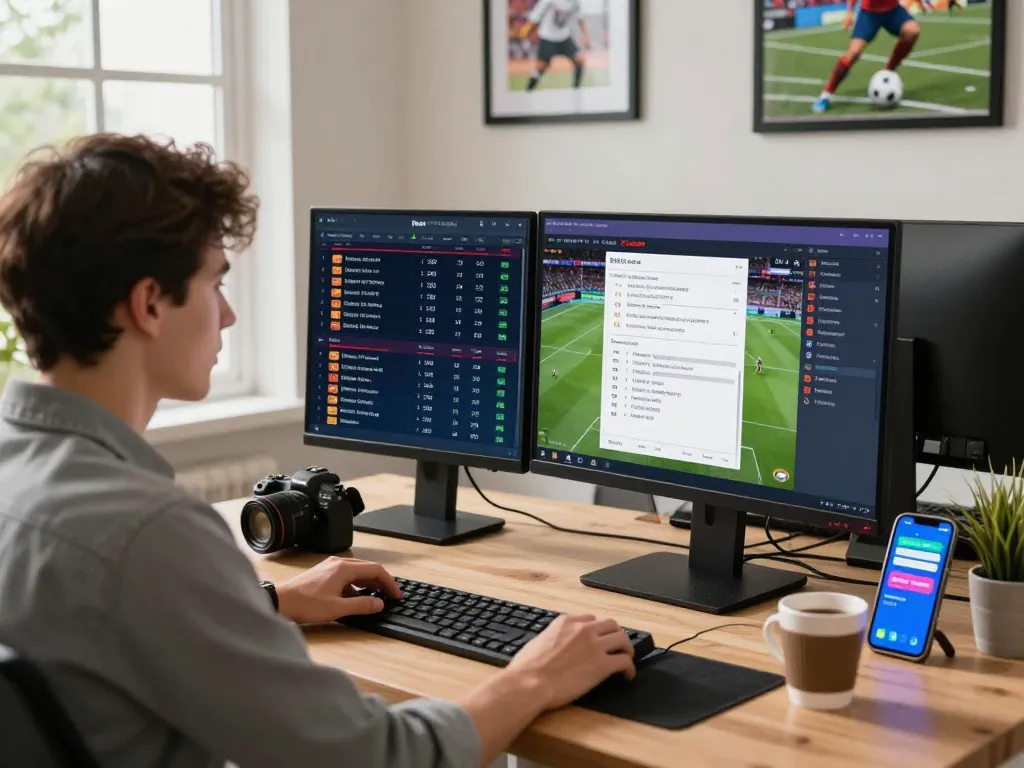 Engaged user analyzing debet betting statistics on multiple screens in a modern home office.