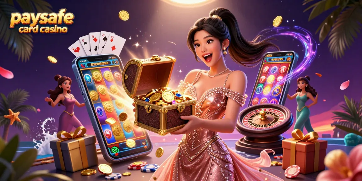 Erleben Sie die aufregende Action im Paysafe Card Casino, das eine fröhliche Frau zeigt, die in einer lebhaften Umgebung Schätze entdeckt.