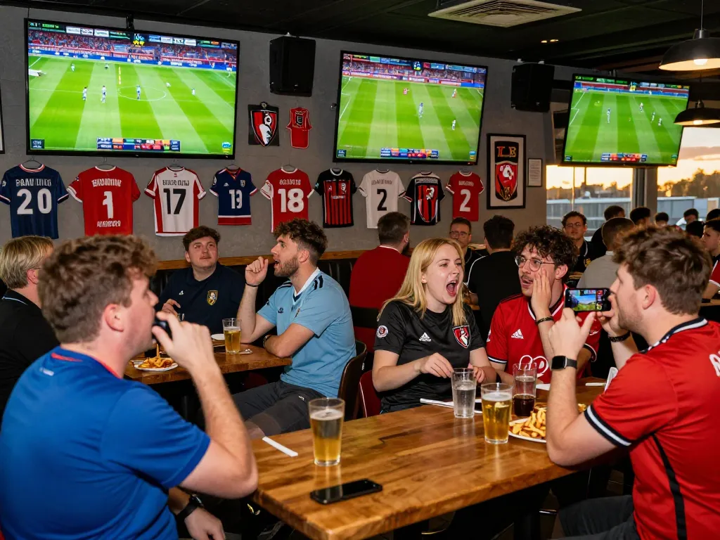 Exciting sports betting atmosphere with fans engaged in Soi kèo bóng đá hôm nay during a Bournemouth vs. Liverpool match.