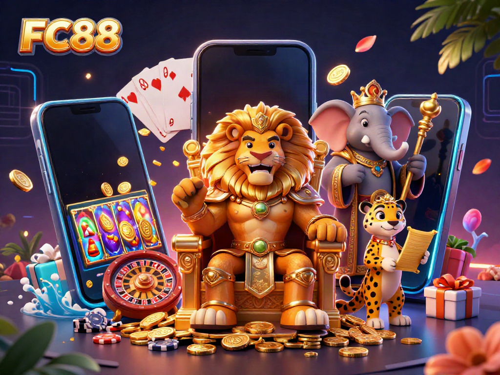 Experience the excitement of FC88 with a vibrant 3D casino scene featuring a lion king, elephant advisor, and cheetah messenger.