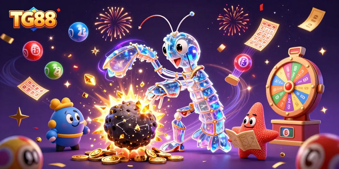 Experience TG88 with galactic samurai mantis shrimp amidst golden gems and lively lottery elements.