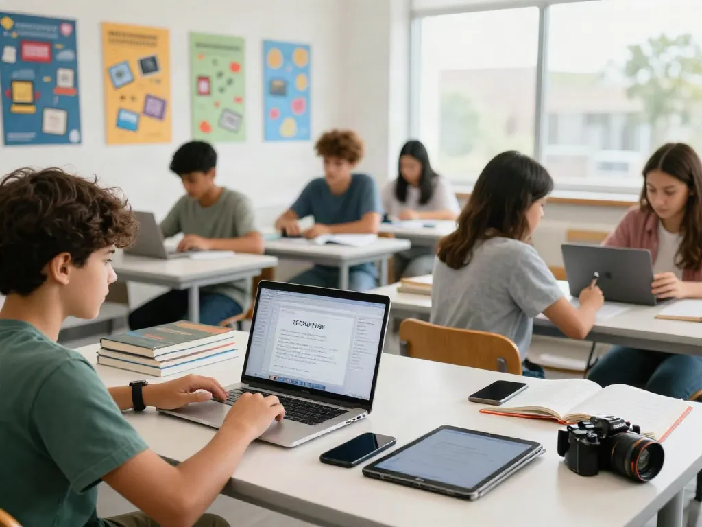 Students engaged in online learning using rokok88 login in a bright, modern classroom.