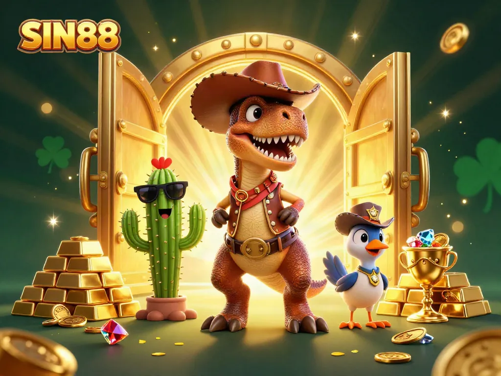 SIN88 showcases a vibrant casino scene with T-Rex and friends celebrating jackpot wins