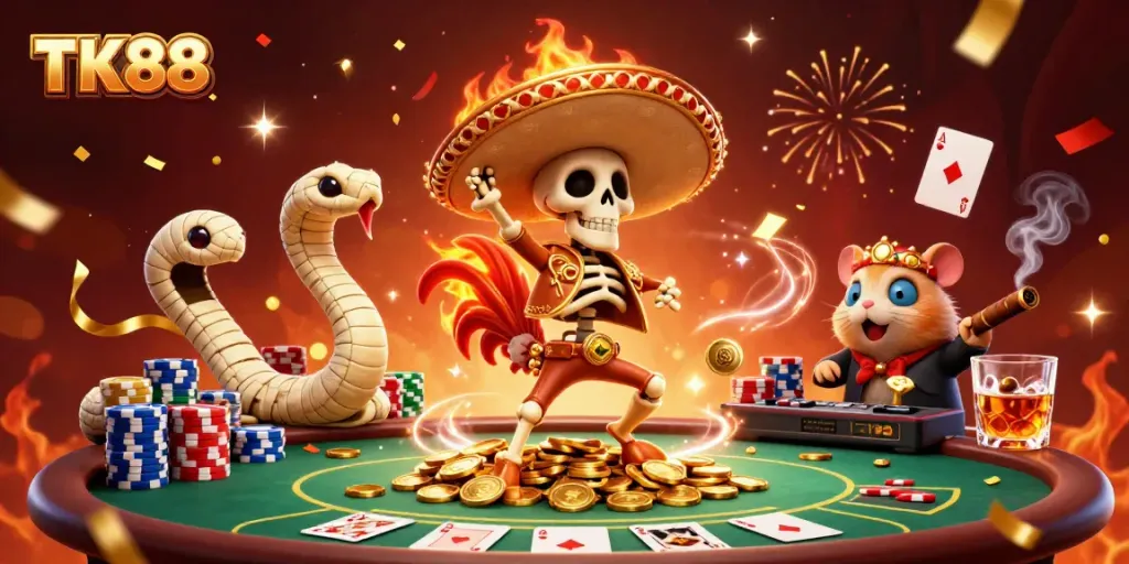 Engaging TK88 casino scene with a skeleton mariachi rooster, mummy snake, and DJ hamster creating vibrant action.