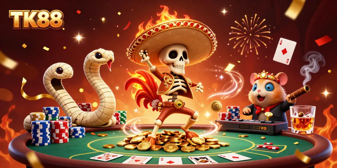 Engaging TK88 casino scene with a skeleton mariachi rooster, mummy snake, and DJ hamster creating vibrant action.