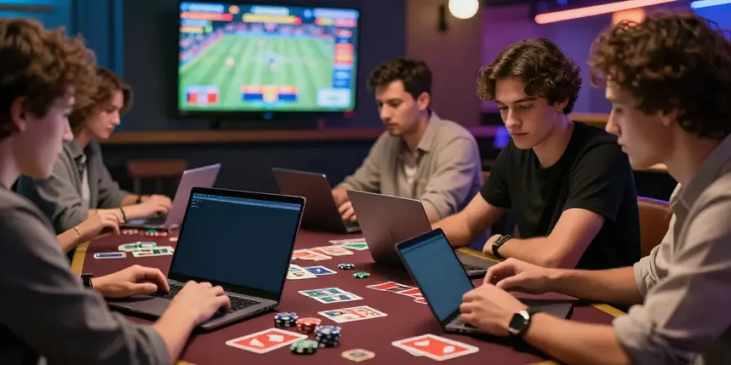 Engaging scene of online gamblers using devices to place bets on Alternatif Bola88 in a lively lounge.