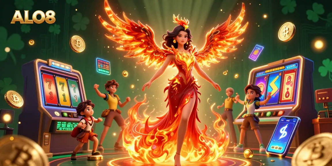 Engage in thrilling gameplay with ALO8 as vibrant slot reels and gaming elements surround a spectacular character in action.