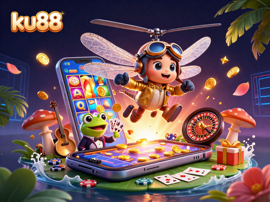 Engage with ku88 as a vibrant dragonfly helicopter pilot takes flight over a bustling lily pad casino.