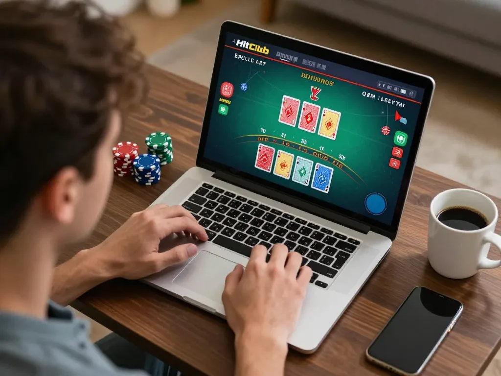 Play blackjack on Hitclub platform at home, engaging gameplay with cards and chips displayed.