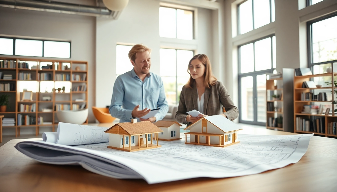 Haus bauen: Architekt präsentiert Designpläne in einem modernen Büro.