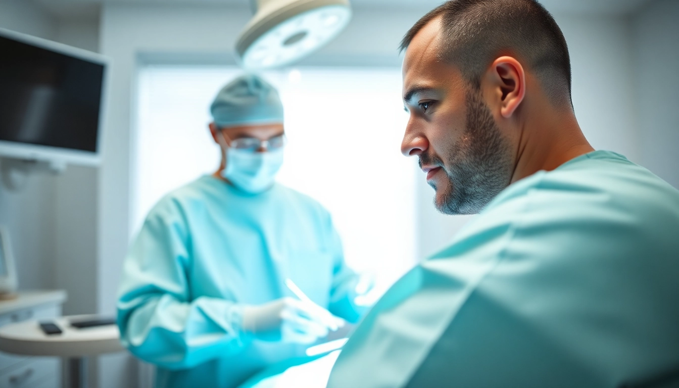 Haartransplantation Türkei kosten - Professioneller Eingriff in einer modernen Klinik mit einem Patienten und dem Chirurgen.